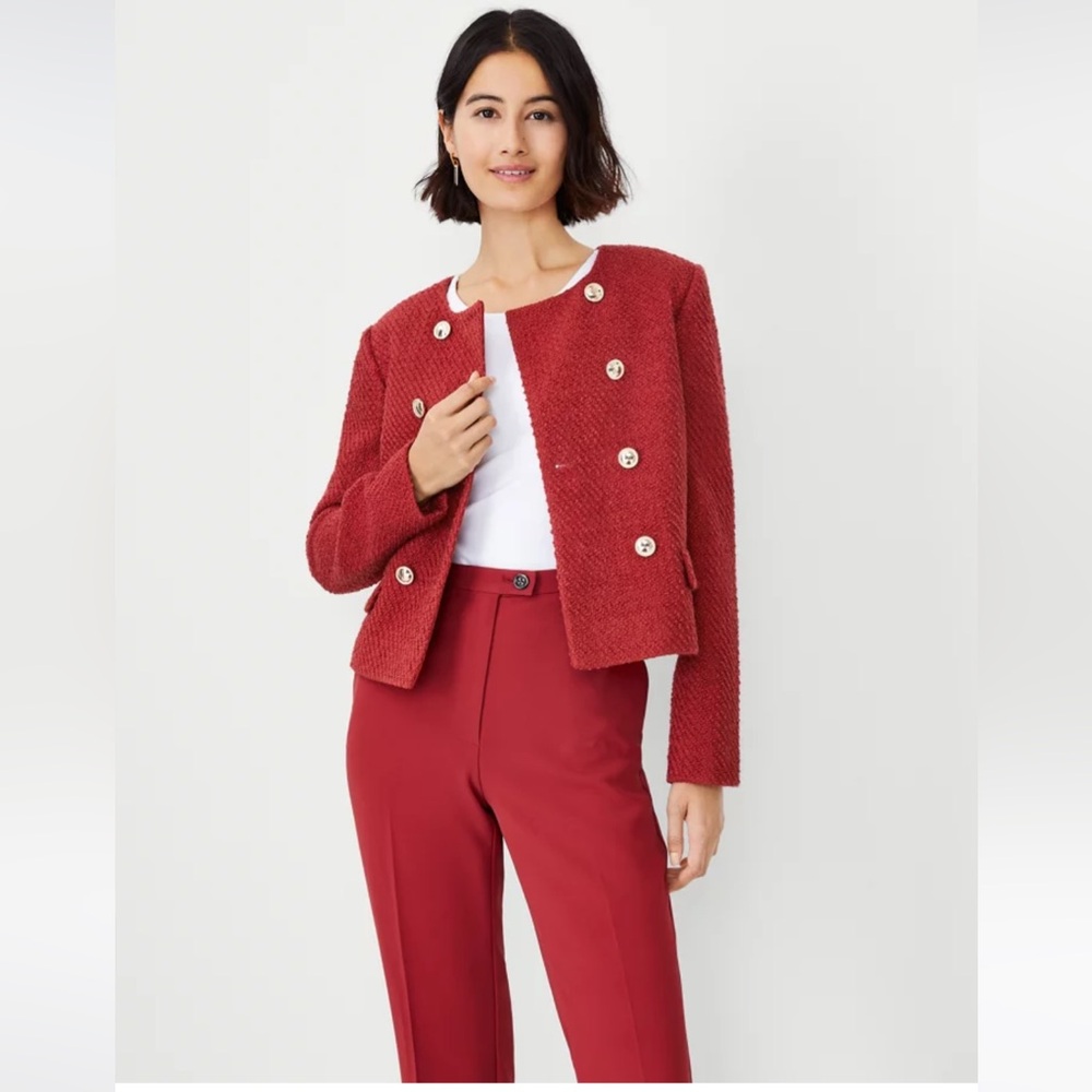 Ann Taylor Tweed Double Breasted Jacket in Brick Red